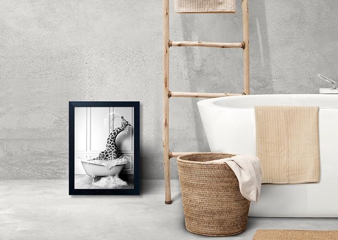 Framed Animal Bathroom Wall Art Black and White Canvas Wall Art Funny Giraffe in Bathtub Print Farmhouse Painting Kids Bathroom Decor