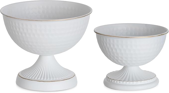 Sziqiqi Urn Vases for Wedding Centrepiece - 6in High White Metal Vase Set of 2 Small Vintage Flower Arrangement Pots for Table Centrepieces Elegant Hammered Vase for Christmas Anniversary Party