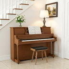 Walnut Ottoman Stool for Living Room | Upholstered in Faux Black Leather Fabric | Versatile as a Piano Bench | Ideal Bedroom Bench | Functional Footstool Bench