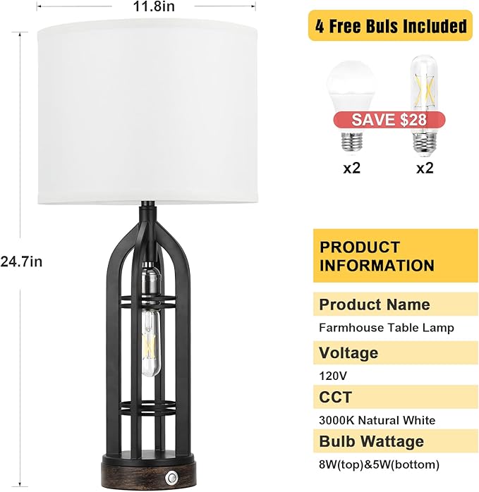 Seealle Table Lamp for Living Room Set of 2 - Bedside Lamp for Bedroom with USB C+A & Outlet, Farmhouse Lamps for Night Stands, 3-Way Dimmable Touch Lamps for Living Room with White Shade