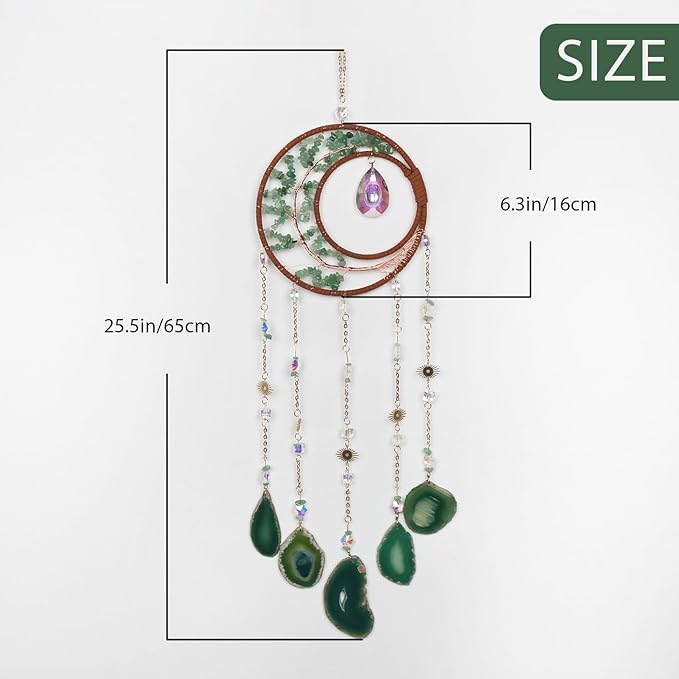 Green Agate Gemstone Large Moon Dream Catcher Chakra Tree of Life Dream Catcher with Aventurine Handmade Dreamcatcher Suncatcher Wall Decor for Adults Boys Girls Bedroom Garden Bless Gift