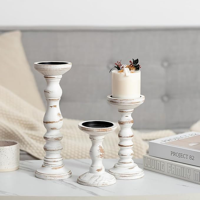 Romadedi Wood Candle Holders for Pillar Candles - Set of 3 Tall Farmhouse Wooden Candlestick Holder, Rustic Candle Stand for Fireplace Mantle Shelf Table Home Decor, Brown Whitewashed 6"/ 8.3"/11.8"