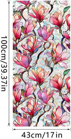 Window Film, Decorative Pink Magnolia Stained Static Glass Window Clings Stickers for Home Office Living Room Bedroom Glass Windows Door Decor 16.93 x 39.37 Inches