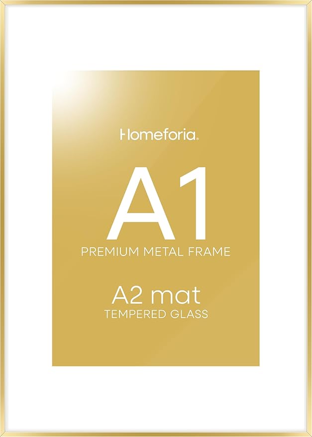 Homeforia A1 Poster Frame Gold, High End Metal 23.4 x 33.1 inches Large Picture Frames with Mat 16.5 x 23.4 for Photo, A1 Size Frames Matted to A2 Print, 23.4x33.1 Thin Frame, Tempered Glass, Set of 1