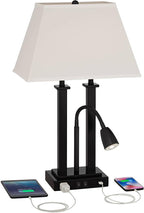 Possini Euro Design Deacon 26" High Industrial Modern Desk Lamps Set of 2 USB Port AC Power Outlet Gooseneck Black Metal Oatmeal Shade Home Office Living Room Charging Bedroom Bedside Nightstand