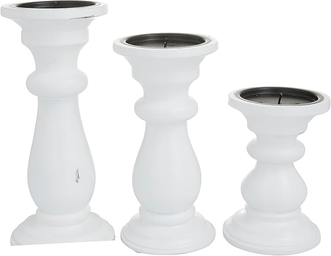 Deco 79 Mango Wood Turned Style Pillar Candle Holder, Set of 3 10", 8", 6"H, White