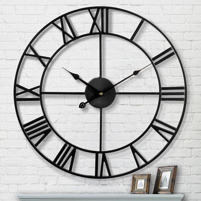 1st owned Large Wall Clock Metal Retro Roman Numeral Clock, Modern Round Wall Clocks Almost Silent, Easy to Read for Living Room/Home/Kitchen/Bedroom/Office/School Decor (Black, 40 Inch)
