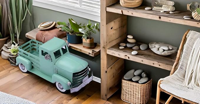 Metal Truck Decor,Farmhouse Truck Decor,Decorative Tabletop Storage & Pick-up Metal Truck Planter,12.5" x 5.75" x 6.25" inches (Green)