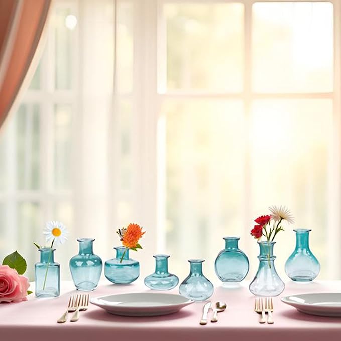 Bud Vases in Bulk Small Glass Green Vase Set of 8 Different Shape Smooth Surface Vintage Mini Tiny Vases Modern Cute for Flowers Table Wedding Decor Centerpieces Home Party Dining Room