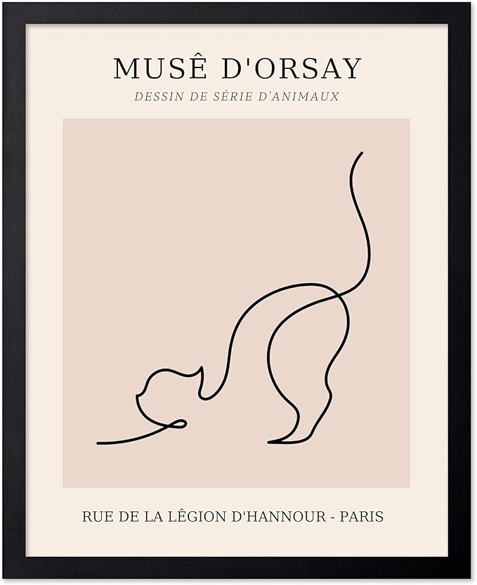 Poster Master Vintage Poster - Retro One Line Cat Drawing Print - Cat Art - Minimal Gift for Men, Women, Animal Lover - Abstract Wall Decor for Home, Office, Bedroom, 8x10 Black Framed
