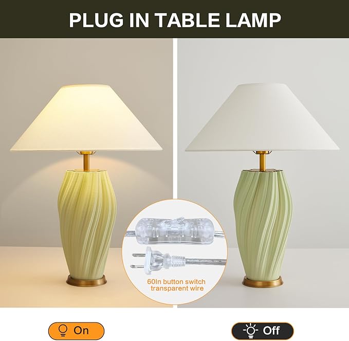 Modern Large Ceramic Table Lamps 24.5", Sage Green Plug in Table Lamp Decorative for Living Room Office Bedroom Bedside Nightstand (Textured)