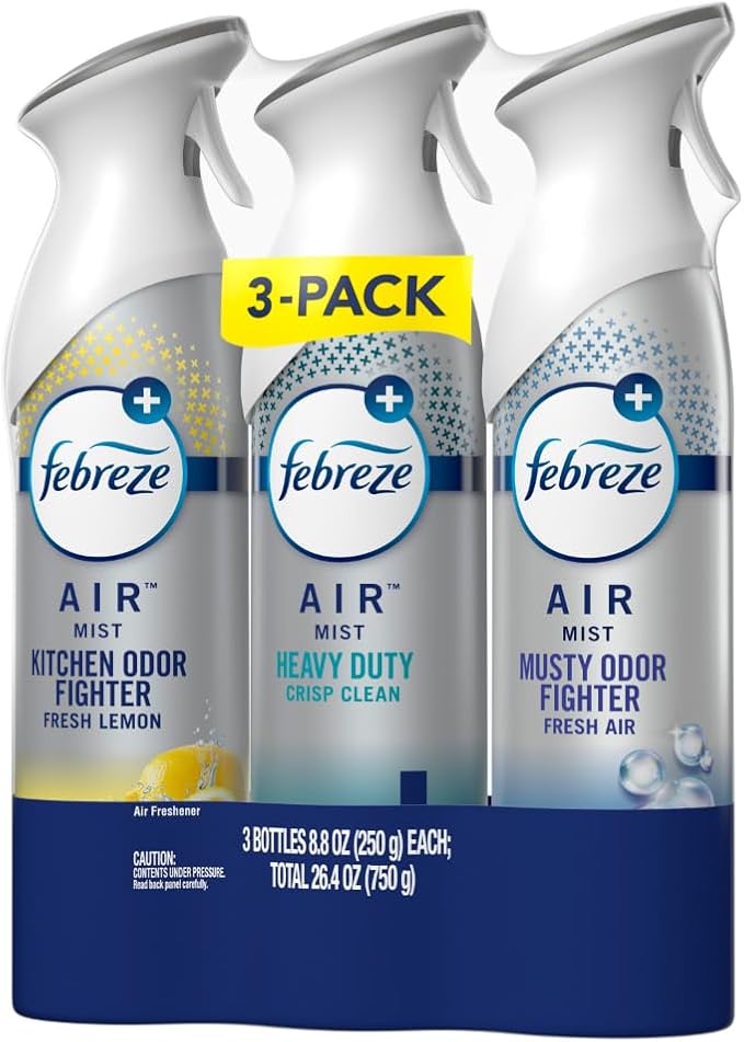 Febreze Air Freshener Spray, Odor-Fighting Room Spray, Heavy Duty Bundle, Heavy Duty Kitchen, Heavy Duty Crisp Clean, Musty Odor Fighter Scent Mix, 8.8oz, 3 Count