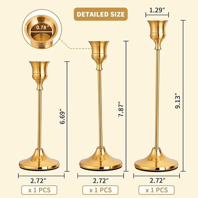 CHILL RECIPE Candlestick Holders Gold Taper Candle Holders, 3 PCS Candle Sticks Holders for Home Decor Table Centerpiece Wedding Housewarming Festival