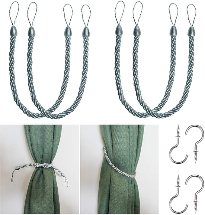 BEL AVENIR Curtain Rope Tiebacks, Drapery Rope Holdbacks with 4 Metal Screw Hooks (Light Blue-4 Pack)