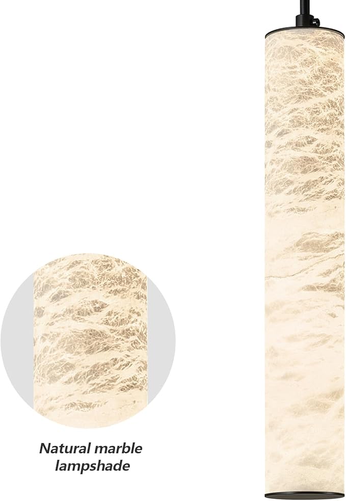 LMQNINE Natural Alabaster Pendant Lights for Kitchen Island White Marble Long Tube Chandelier Modern Black Ceiling Light Fixtures for Bedroom Dining Room Table Living Room Hallway(M-2Pack)
