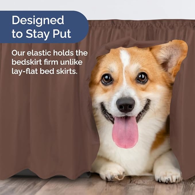 Wrap Around Dust Ruffle Bed Skirt - Brown - for Queen Size Beds with 24 Inch Drop - Easy Fit Elastic Strap - Adjustable Pleated Bedskirt w/Brushed Fabric - Wrinkle Free - for Women, Men, Kids & Teens