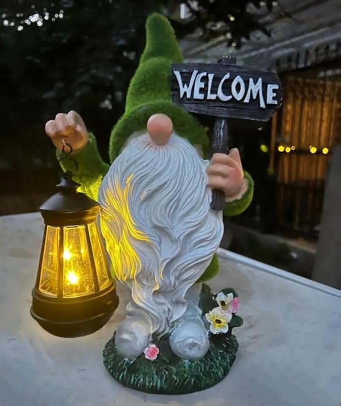 Solar Gnome Outdoor Garden Fall with Solar Lantern - 11’’Halloween Autumn Welcome Gnomes Decorations for Yard Patio (Green & White)