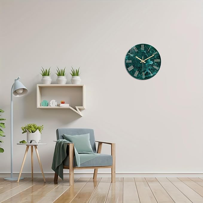 Teal Wall Clock Battery Operated 14 Inch Modern Abstract Clocks for Living Room Decor Marble Pattern Glass Analog Wall Clock Silent