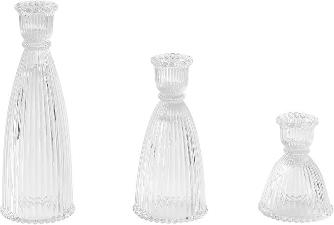 Vertical Stripe Candlestick Holders Set of 3, Premium Glass Candle Holders for Candlesticks and Taper Candles, Vintage Candle Holder Decor for Table Centerpiece, Clear