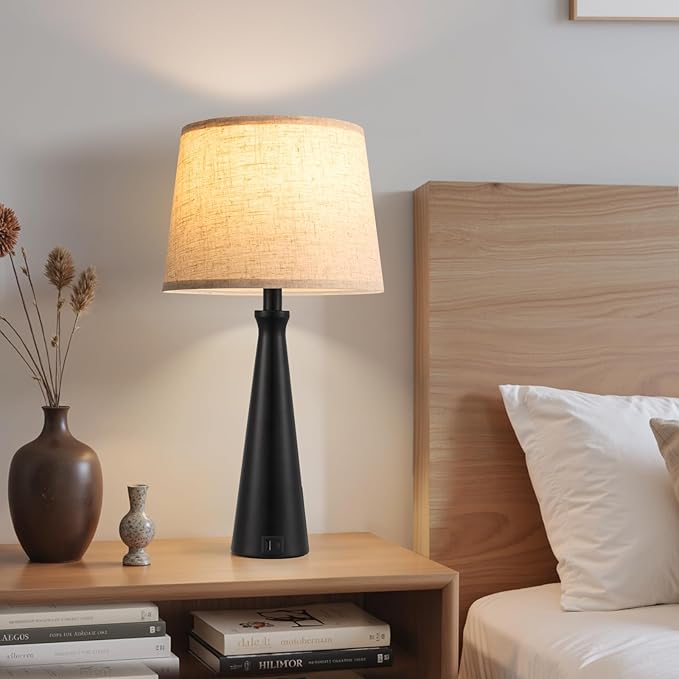 Seealle Modern Table Lamps Set of 2 - Touch Bedside Lamp for Nightstand with USB C+A,3-Way Dimmable Black Nightstand Lamps for Living Room Bedroom End Table with Beige Shade(Bulb Included)
