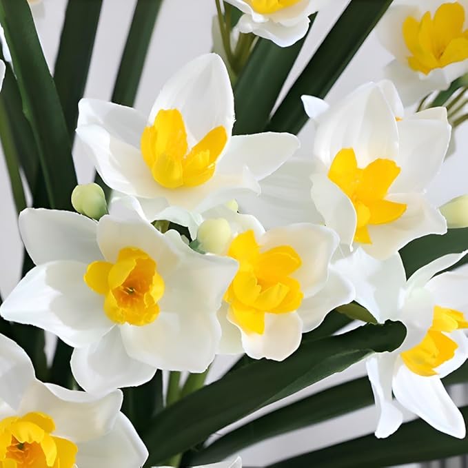 Artificial Flowers for Vases 17.7 Inch 10 Stems， Silk Dried Fake Mums Bouquet Indoor Faux Floral Arrangements for Decoration (White Narcissus)