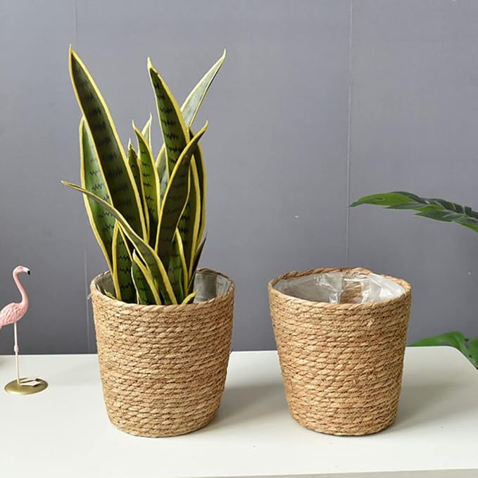 Home Decor Woven Straw Flower Pot Seagrass Planters Basket Garden Plant Pot Containers Wicker Rattan Vase Sundries Organizer Storage Bins for Indoor Outdoor Plants Vintage Decor
