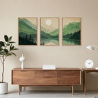 Celestdeco Watercolor Mountains Framed Canvas Wall Art Set, Boho Sun Forests Wall Decor, Green Scenery Wall Painting, Modern Woodland Artworks for Living Room, Bedroom, Dining Room, Office - 16"x24"x3