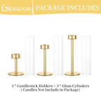 Glasseam Hurricane Candle Holders - Gold Glass Cylinder Taper Candlesticks Set of 3 - Modern Tall Table Centerpiece Wedding