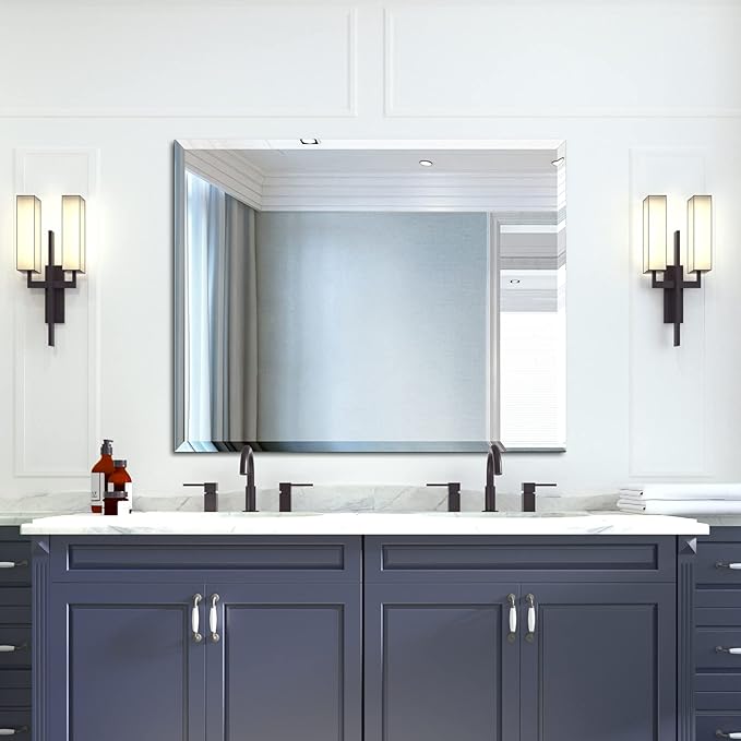 Mirrorons Beveled Mirror, Wall Mirror 40" x 32", Frameless Rectangle Bathroom Vanity Mirror with Beveled Edge, Hangs Horizontally or Vertically. Upgraded Shatterproof