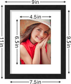 Vittanly 8x10 Picture Frames Set of 9, Shatter Resistant Plexiglass, Display 5x7 Pictures with Mat or 8x10 without Mat, Photo Frames for Wall or Tabletop, Engineered Wood, Black