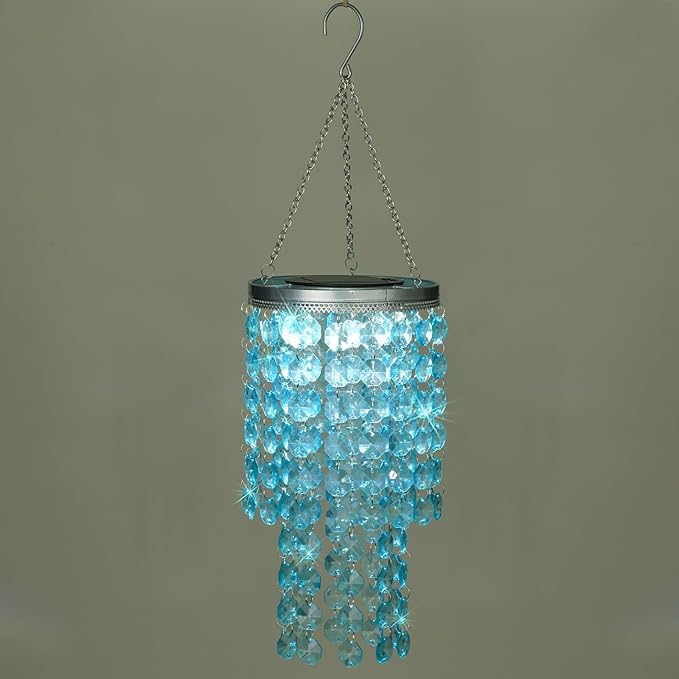 Hanging Solar Lantern Outdoor, 2 Tiers 21” Solar Blue Acrylic Beaded Chandelier with Cool White LED S Hooks for Garden Yard Patio Gazebo Outside Decor