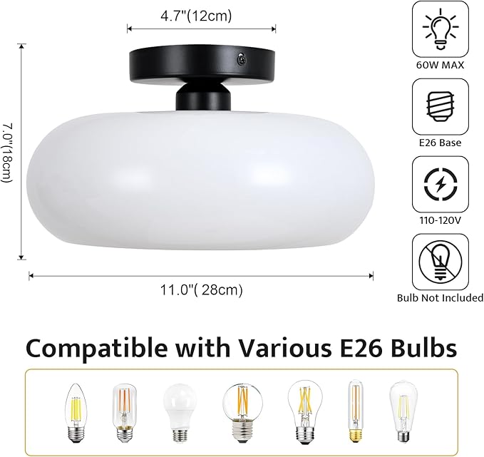 Mid-Century Modern Semi Flush Mount Ceiling Light, Metal Kitchen Light Fixture with Glass Shade,Vintage White and Black Colse to Ceiling Lamp for Entryway Hallway Bathroom (11.0 Inch)