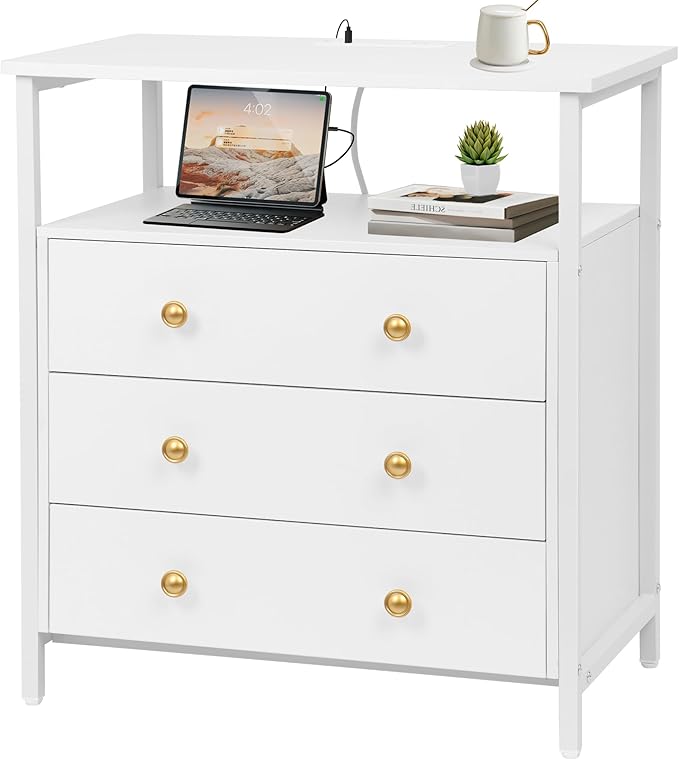 3 Wooden Drawers Night Stand, 27 Inch Wide Nightstand with Charging Station and Adjustable Drawers, Small Dresser for Closet, Bedside Table for Living Room/Bedroom/Office, White.