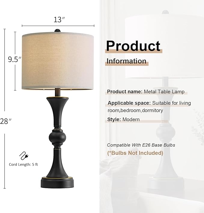 Oneach 28" Modern Table Lamps Set of 2 for Living Room, Bedside Lamps with USB Ports, Black Nightstand Lamps Set for Bedroom Farmhouse Lamp End Table Lamps (Bulbs not Included)
