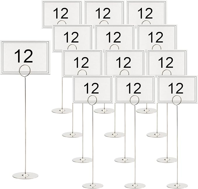 Tosnail 12 Pack 12" Tall Stainless Steel Table Number Holder Table Card Holder Table Number Stand Place Card Holder Table Photo Holders