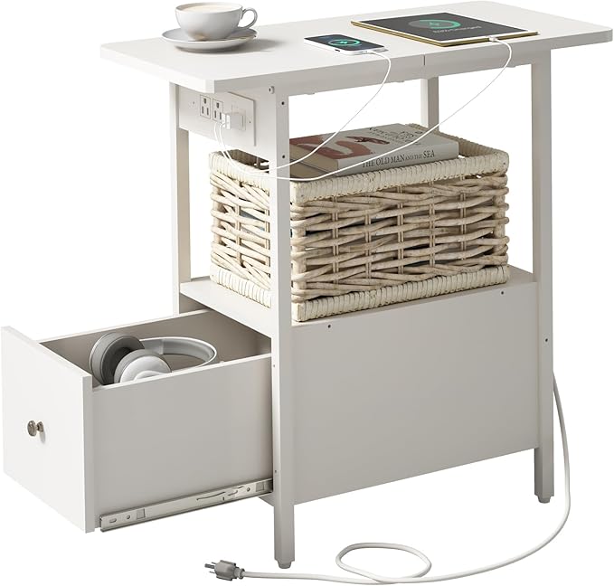 LIDYUK End Table with Charging Station, Narrow Side Table with Drawer and USB Ports & Power Outlets, Nightstand Bedside Tables for Small Spaces, Bedroom, Living Room, White