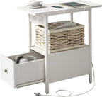 LIDYUK End Table with Charging Station, Narrow Side Table with Drawer and USB Ports & Power Outlets, Nightstand Bedside Tables for Small Spaces, Bedroom, Living Room, White