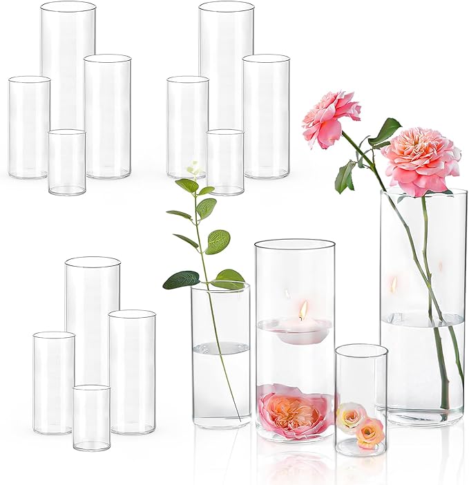 16 PCS Clear Cylinder Vases for Centerpieces | 4, 6, 8,10 Inch Tall Flower Vase for Wedding Decorations, Clear Floating Candle Vases in Bulk, Hurricane Candle Holdersfor Table, Home Décor
