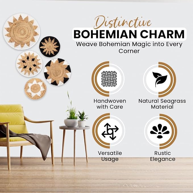 Tebie At Home Boho Wall Art - Boho Wall Baskets Decor - Handmade Set of 5 Woven Baskets With Seagrass - Flat Elegant Art for Farmhouse and Rattan Decor for Living Room, Bedroom and Office