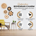 Tebie At Home Boho Wall Art - Boho Wall Baskets Decor - Handmade Set of 5 Woven Baskets With Seagrass - Flat Elegant Art for Farmhouse and Rattan Decor for Living Room, Bedroom and Office