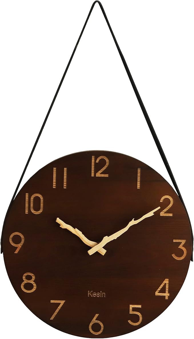 Kesin Wall Clock 12 Inch Silent Wooden Wall Clock Battery Operated Hand Made Retro Fashion Clock with Rope Hanging Decorative for Living Room Kitchen Bedroom Office