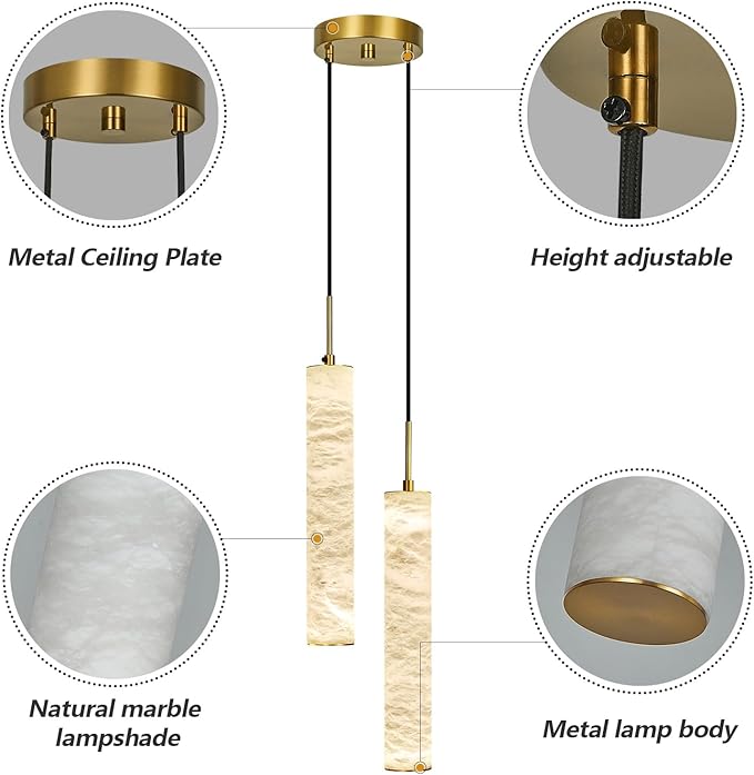 LMQNINE Natural Alabaster Pendant Lights for Kitchen Island White Marble Long Tube Chandelier Modern Gold Ceiling Light Fixtures for Bedroom Dining Room Table Living Room Hallway(M-2Light)