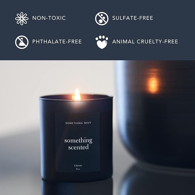 Literie NYC Inspired Scented Candle: Something Scented (Something Navy) - Magnolia & Sandalwood Scent, 9oz, 50 Hour Burn, Vegan Soy & Coconut Blend Candle for Home Decor, Gift for Women & Men