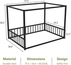 Canopy Floor Bed for Kids – Queen Size, Matte-Black Steel Frame with Safety Fence, Unisex Design for Boys & Girls, Box Spring Required, Quick Assembly (Queen)