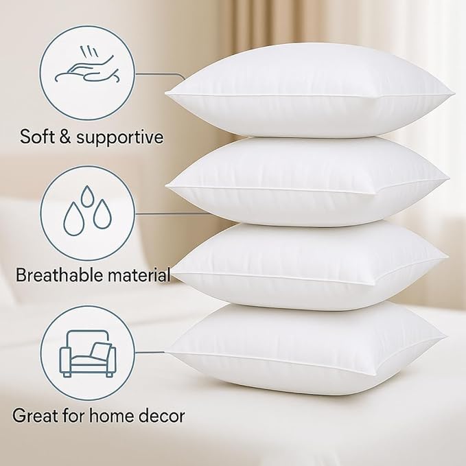 Throw Pillow Inserts, Set of 4 Lightweight Down Alternative Polyester Pillow, Couch Cushion, Sham Stuffer, Machine Washable. (White, 18x18)