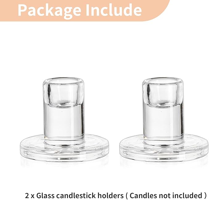 NUPTIO Glass Taper Candle Holders: Set of 2 Clear Small Candlestick Tapered Holder for Candles Sticks Modern Short Tapers Candleholders for Wedding Christmas Thanksgiving Party Table Decor