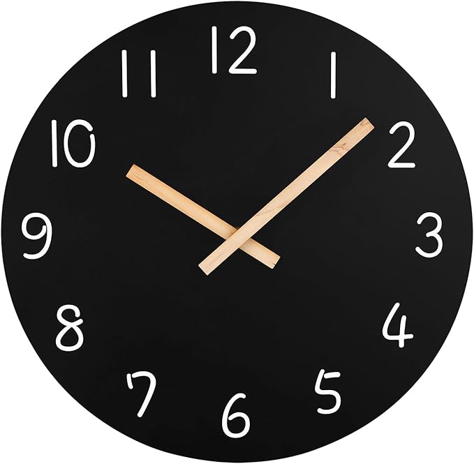 Plumeet 16'' Extra Large Wall Clock Frameless Wooden Clocks with Silent Quartz Movement - Modern Style Village Wall Clocks Decorative Home Kitchen - Battery Operated (Black)