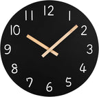 Plumeet 12'' Wooden Wall Clock Frameless Clocks with Silent Quartz Movement - Modern Style Village Wall Clocks Decorative Home Kitchen - Battery Operated (Black)