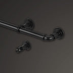 MODE Industrial Room Darkening Collection 1 1/8” diameter Industrial Curtain Rod Set with Steel Wall Mounted Expandable Curtain Rod, Blocks Light, Fits 72” to 144” Windows, Matte Black