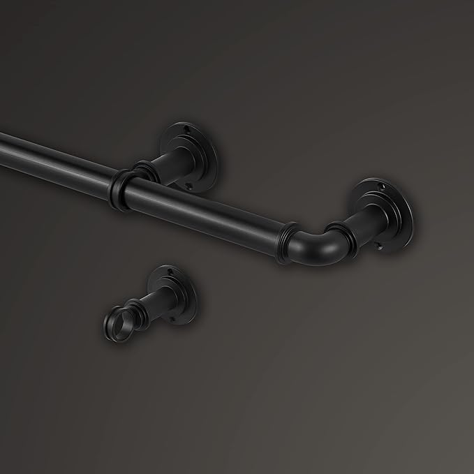 MODE Industrial Room Darkening Collection 1 1/8” diameter Industrial Curtain Rod Set with Steel Wall Mounted Expandable Curtain Rod, Blocks Light, Fits 72” to 144” Windows, Matte Black